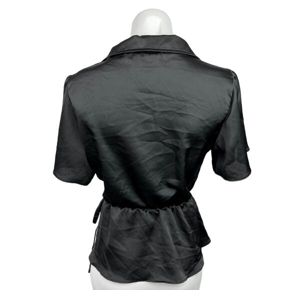 Asos Design Black Deep V Collared Short Sleeve Tie Wrap Peplum Blouse Top Size 4 - Picture 2 of 3